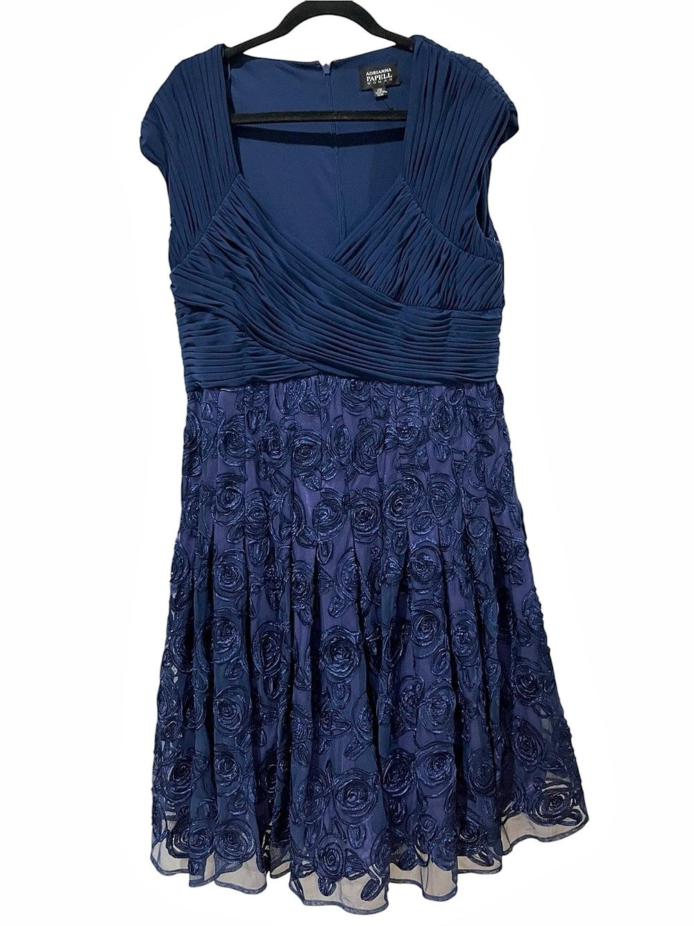 Adrianna Papell Sz14W Rosette Mesh Fit & Flare Dress Blue, Purple Underskirt